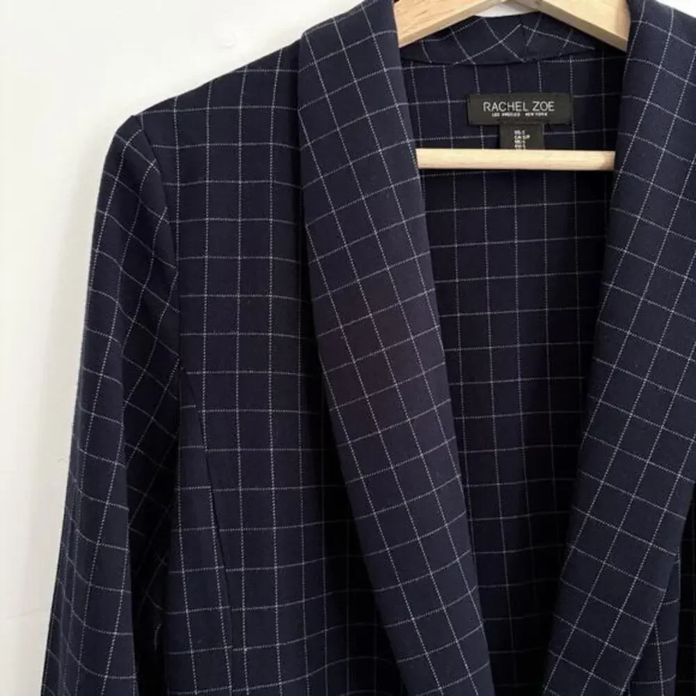 RACHEL‎ ZOE Open Front Knit Blazer Jacket Navy Blue Windowpane Check Preppy S
